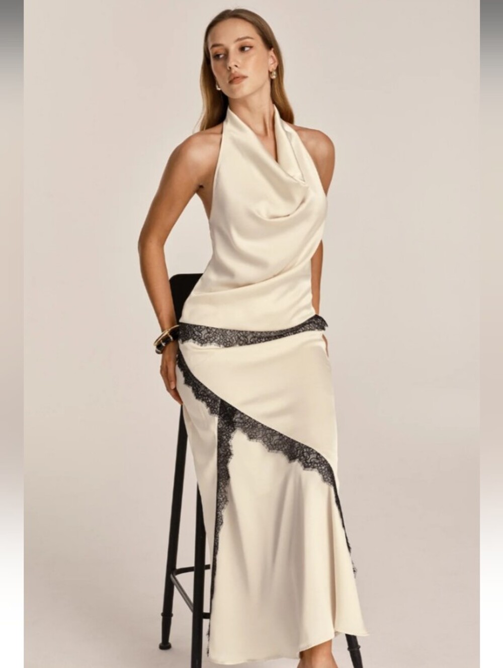 Commense Cream Satin Maxi Skirt Set with Black Lace Trim